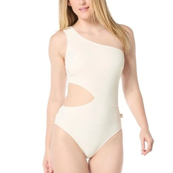 C223 $98 - Michael Kors -Size 14 - One-Shoulder Side-Cutout Swimsuit Bone Ivory - Picture 1 of 2